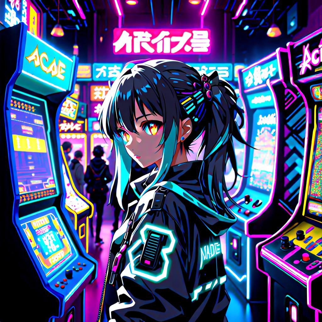 Cyberpunk Girl in 80s Arcade, Anime Style