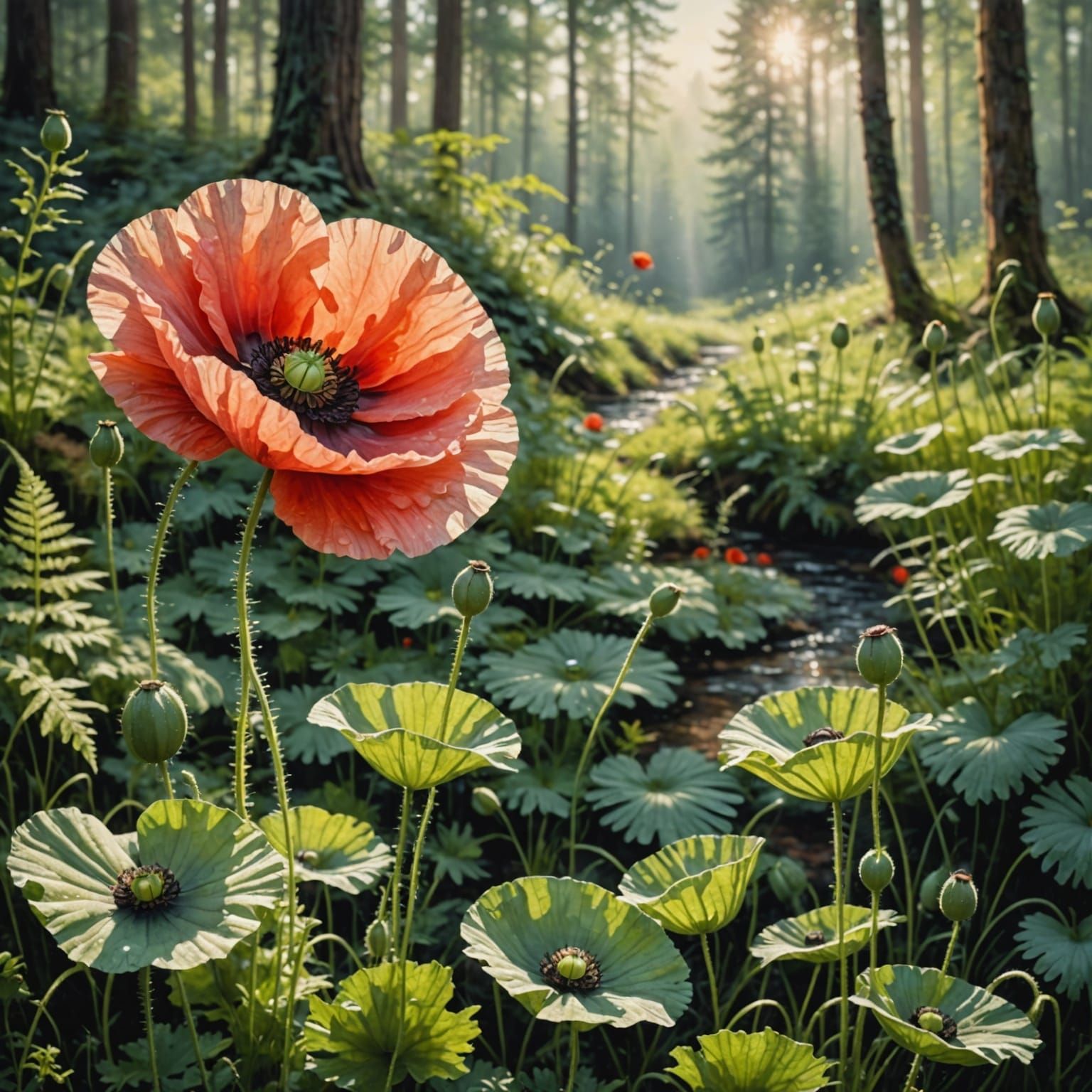 Giant Poppy in Dappled Sunlight, Watercolor Style