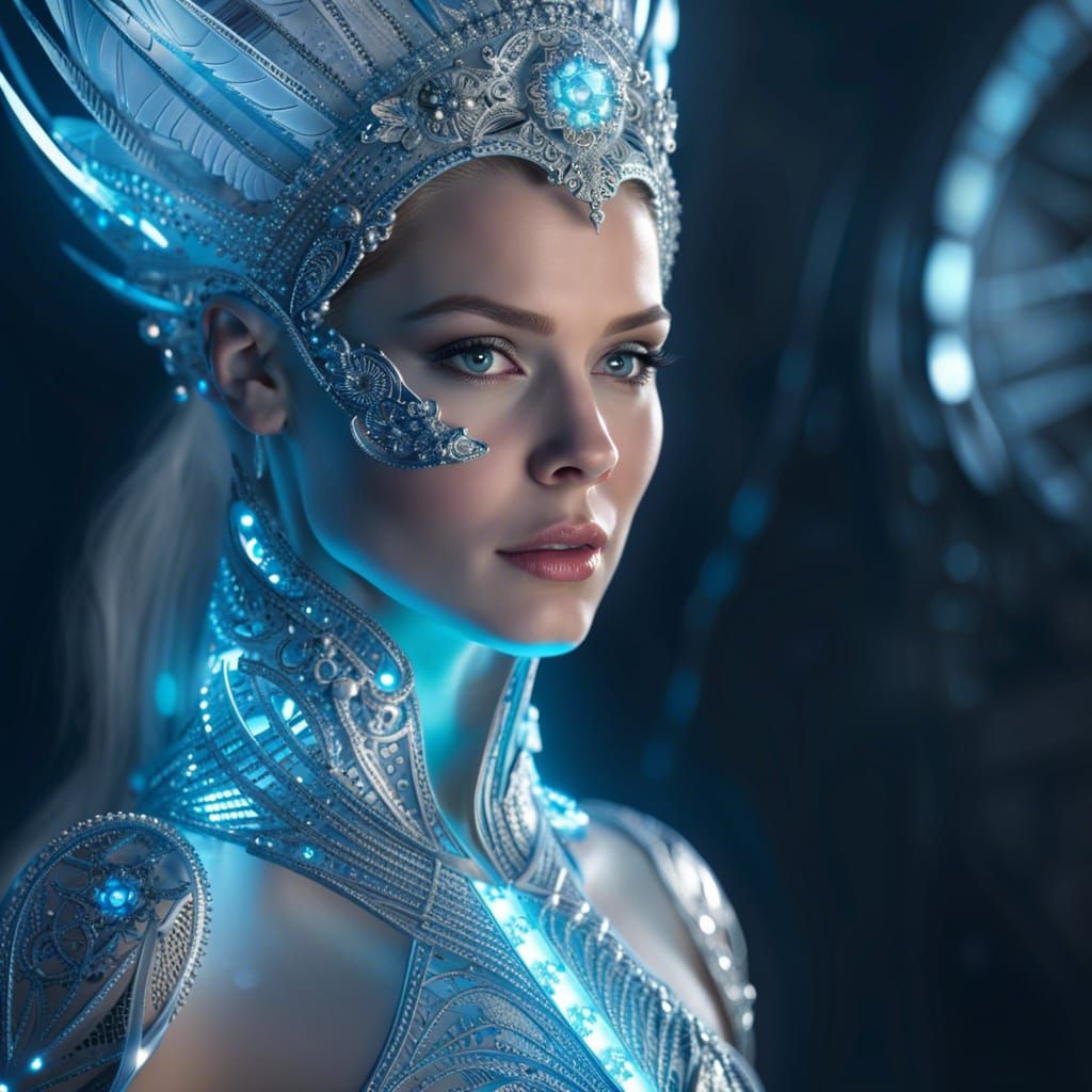 Icy Angel on Crystal Throne in Sci-Fi Style