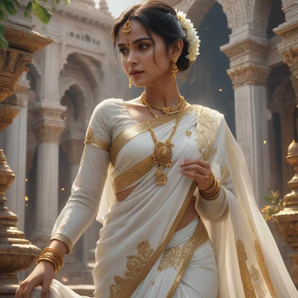 Elegant Woman in Saree: Detailed Matte Painting