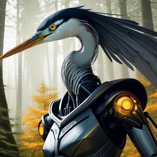 Cyborg Heron in Golden Forest: Hyperrealistic Art
