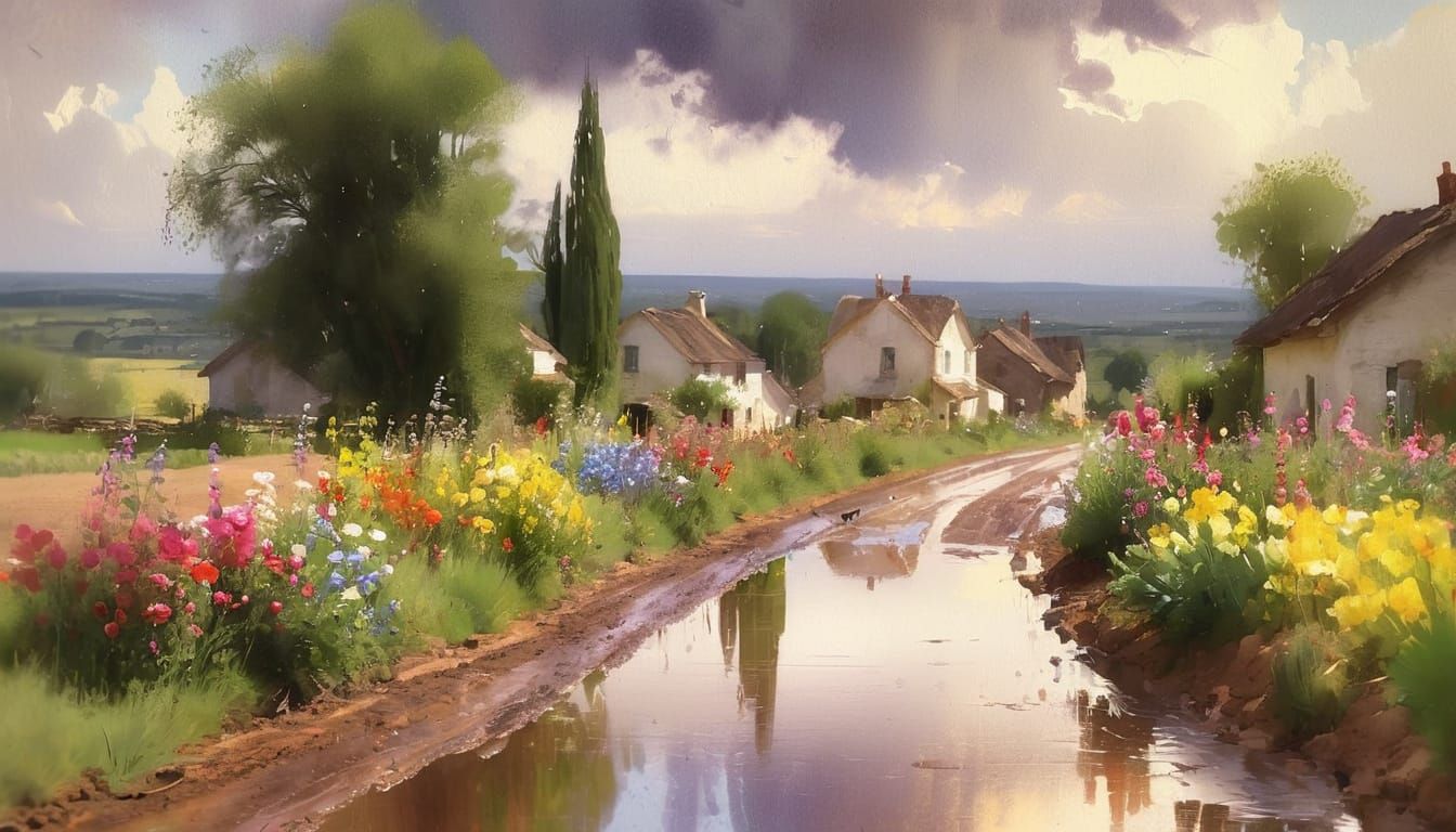 Idyllic Village After Rain in Watercolor Style