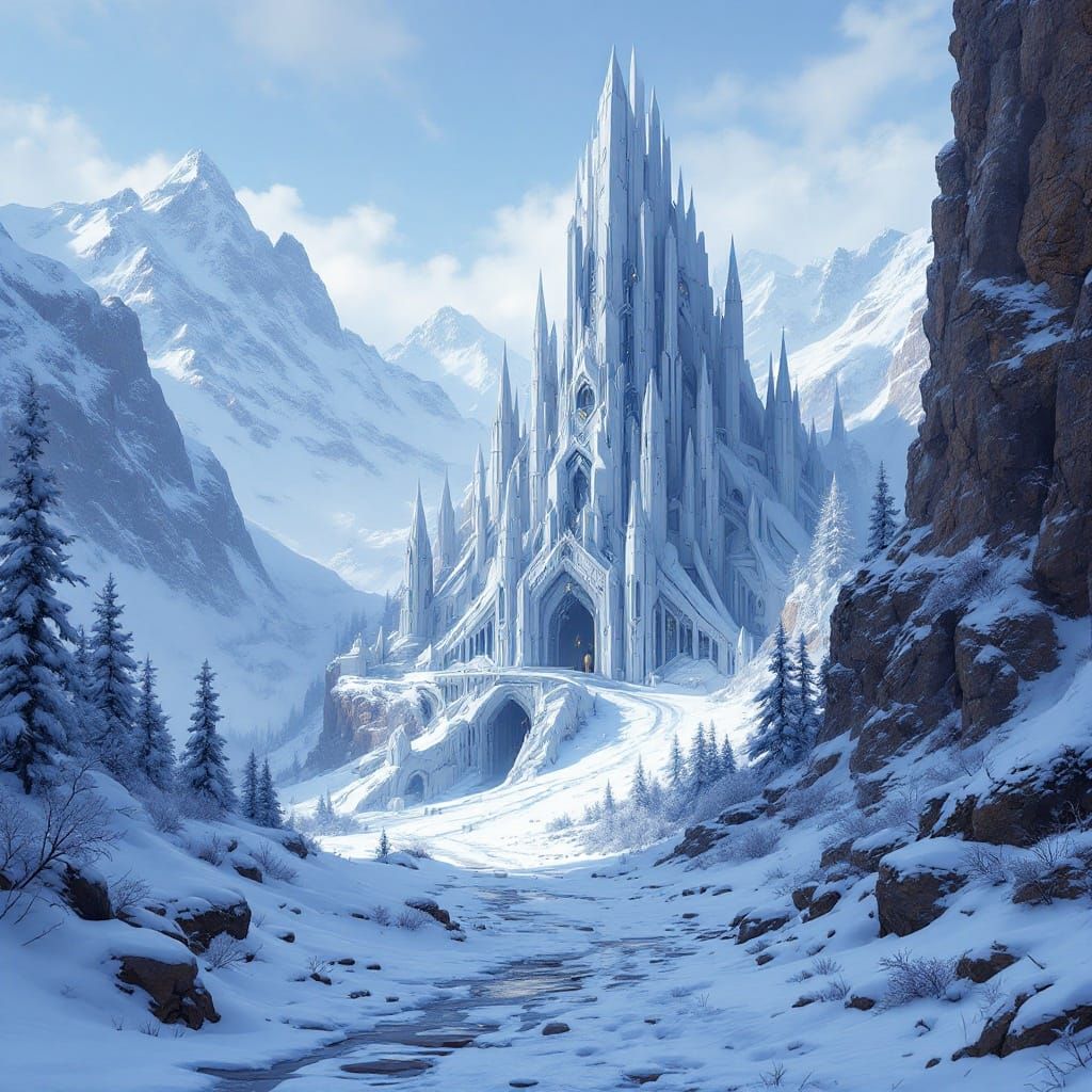 Surreal Digital Painting of Futuristic Castle in Winter Wond...