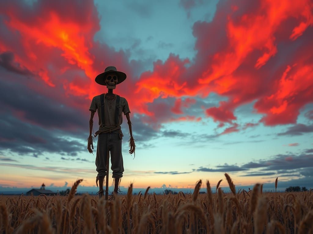 Eerie Scarecrow in Wheat Field at Dusk