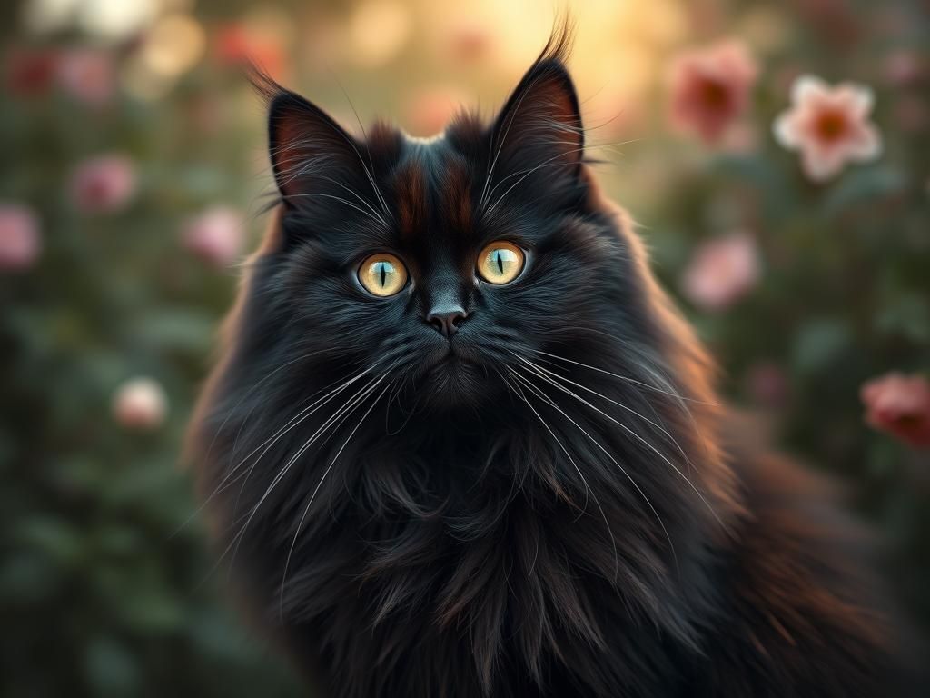 Black Persian Cat in Cottagecore Style