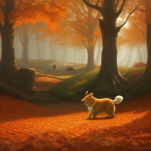 Golden Retriever Puppy in Autumn Leaves Digital Painting