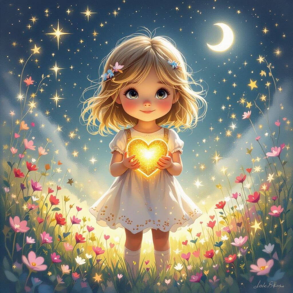 Girl in Magical Garden with Moonbeam, Dreamy Illustration