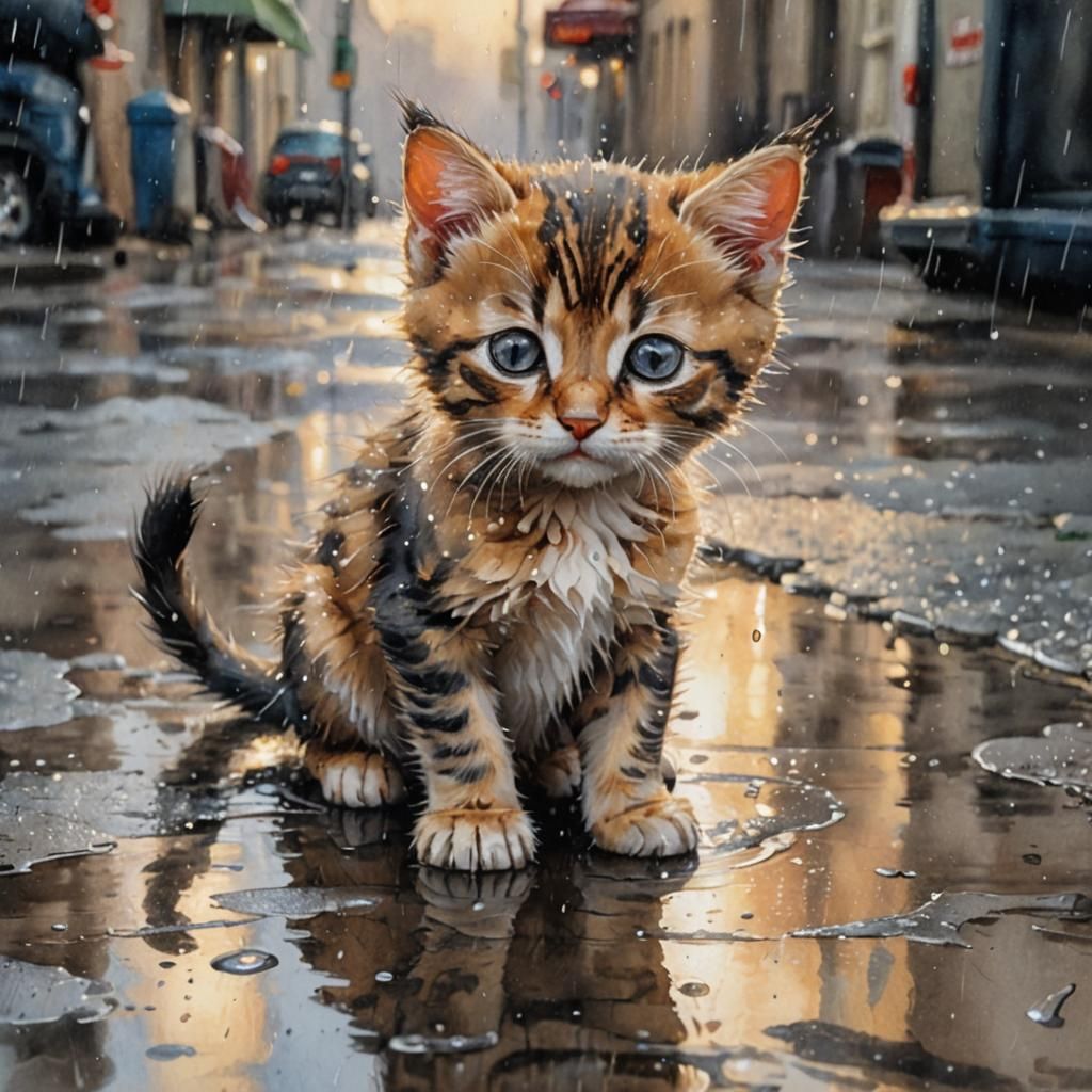 Sad Kitten in Rain: Watercolor Vintage Illustration