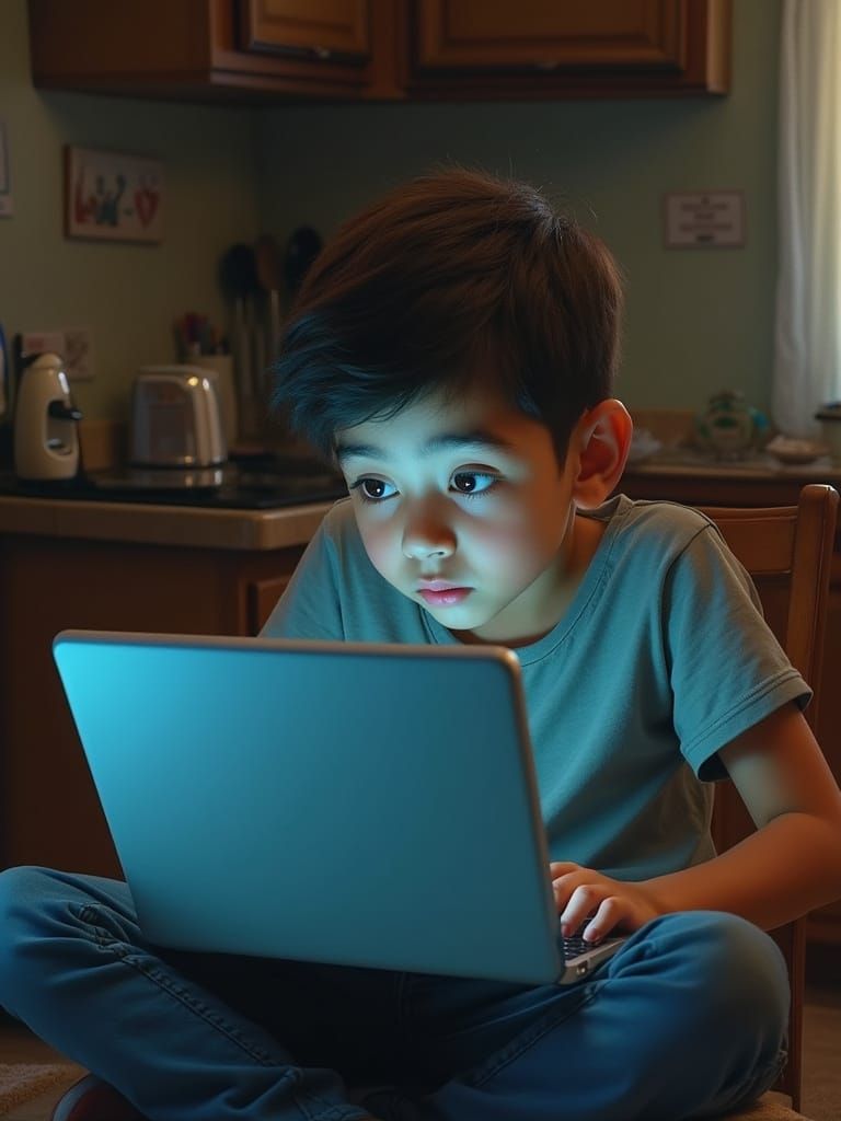 Young Hispanic Boy Contemplates Life on Laptop