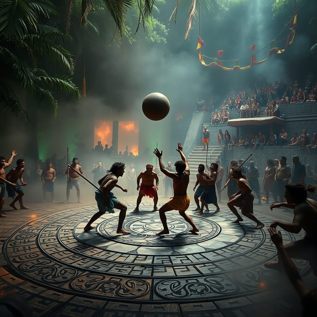 Mayan Athletes Play Sacred Ballgame in Mystical Jungle Mist