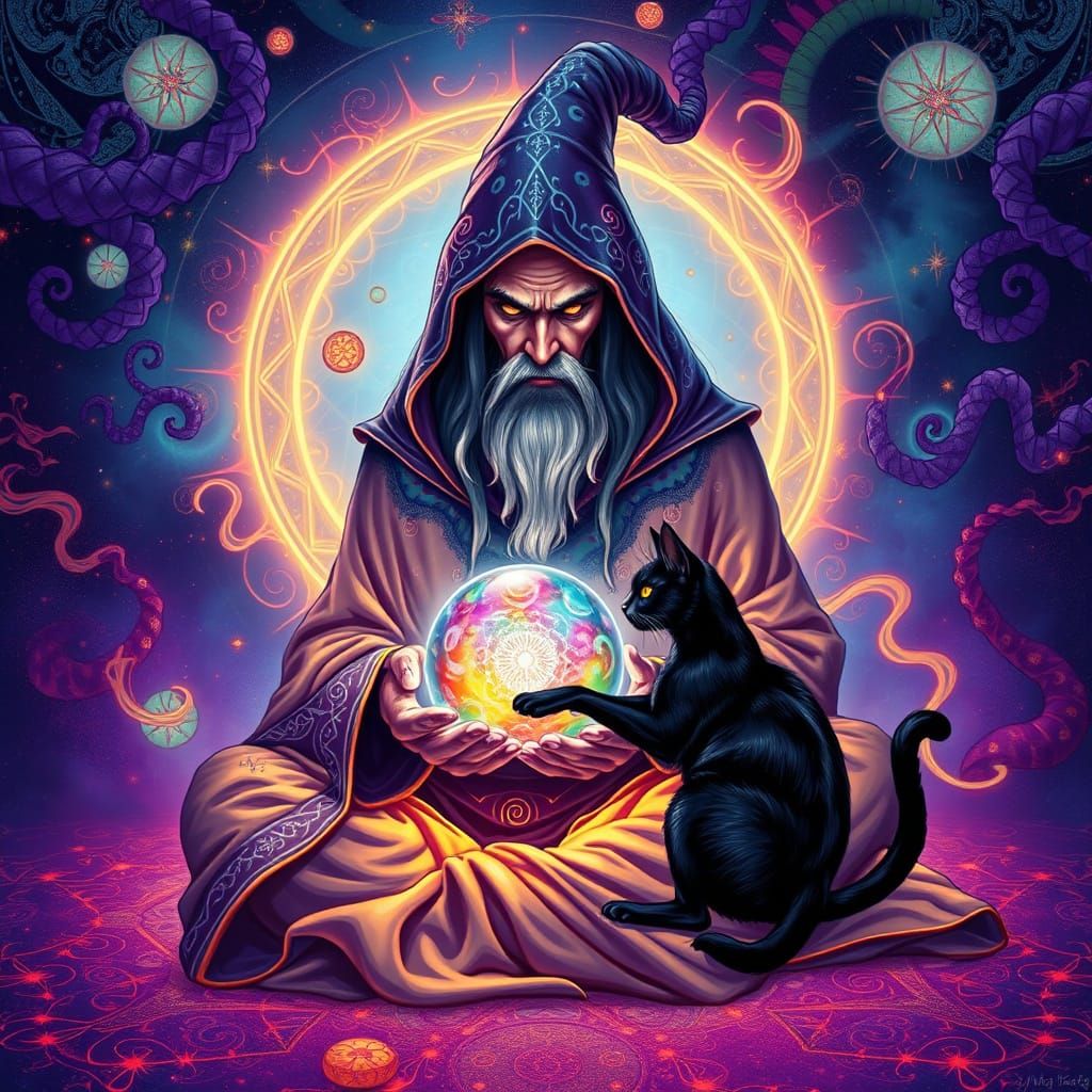Wizard Seeks Cosmic Truth in Swirling Crystal Ball Scene