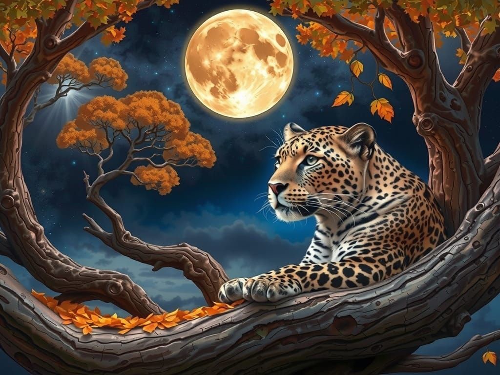 Leopard and Blue Bird Under Harvest Moonlight