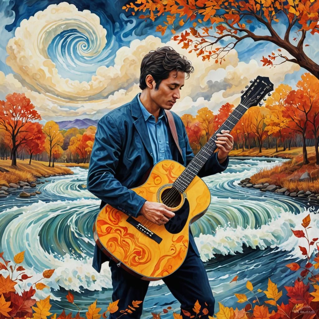 Exotic Guitar Double Exposure in Digital Watercolor