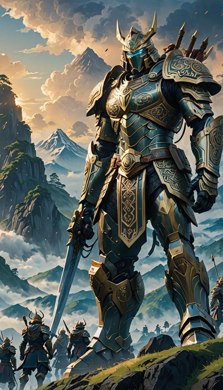 Giant Warriors on Misty Peak in Anime Style