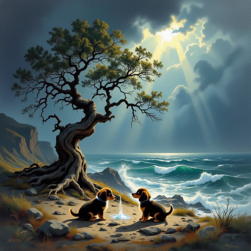 Ancient Tree and Dachshund Puppies on a Dramatic Cliffside