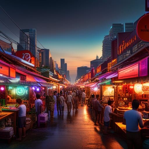 Bangkok Night Market with Neon Lights