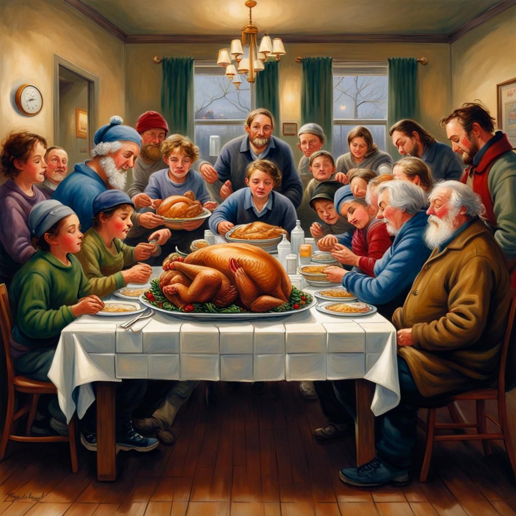 A thanksgiving dinner at the homeless Shelter, Pendleton Ward Thomas Kinkade modern European ink painting beautiful colo...