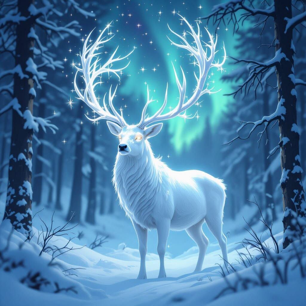 Starlight Stag in Aurora Forest, Hyperrealistic Digital Art