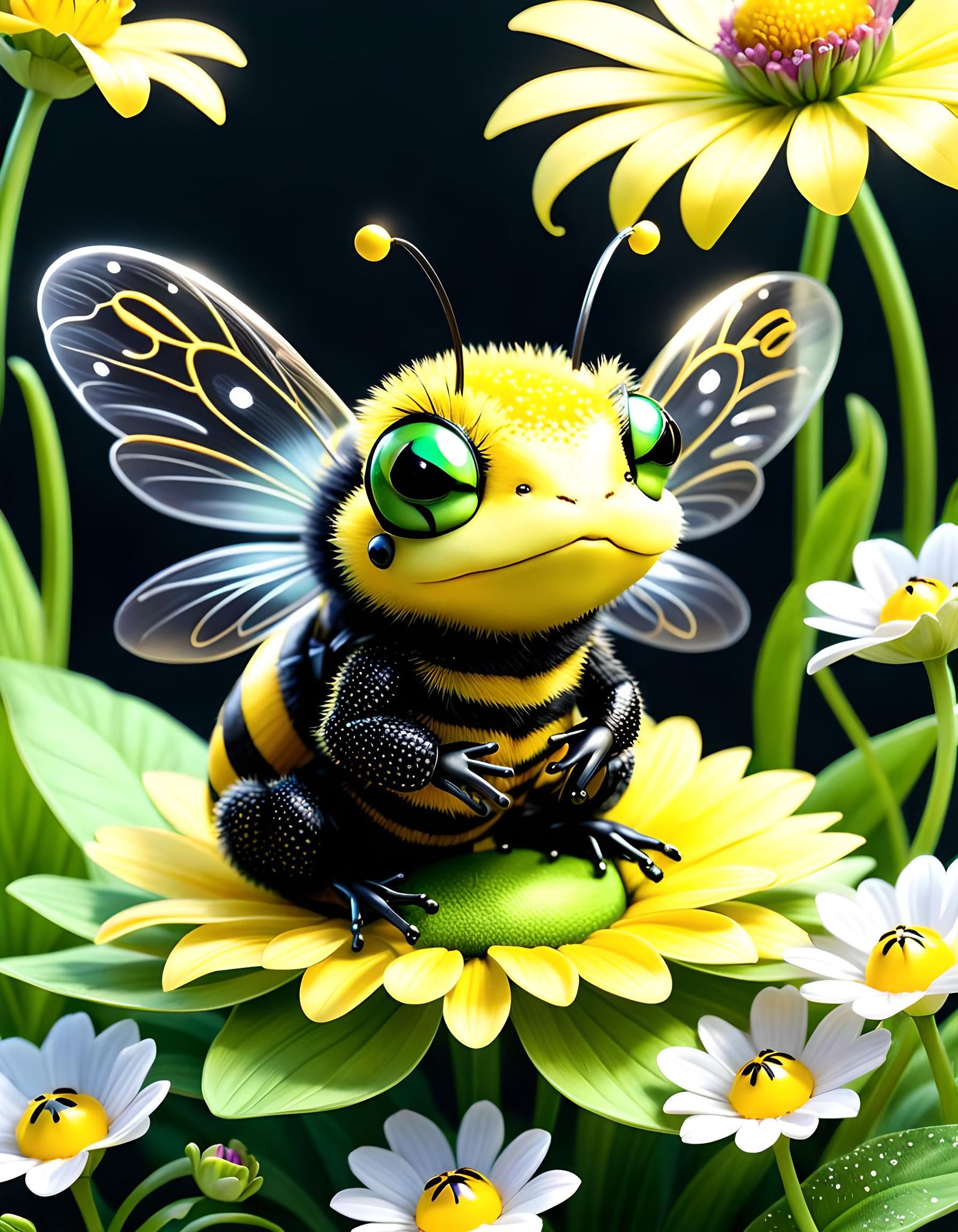Adorable Bee-Frog Hybrid in Surreal Pointillist Style