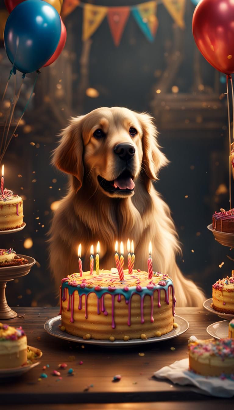 Golden Retriever Celebrates Birthday: Detailed Digital Paint...