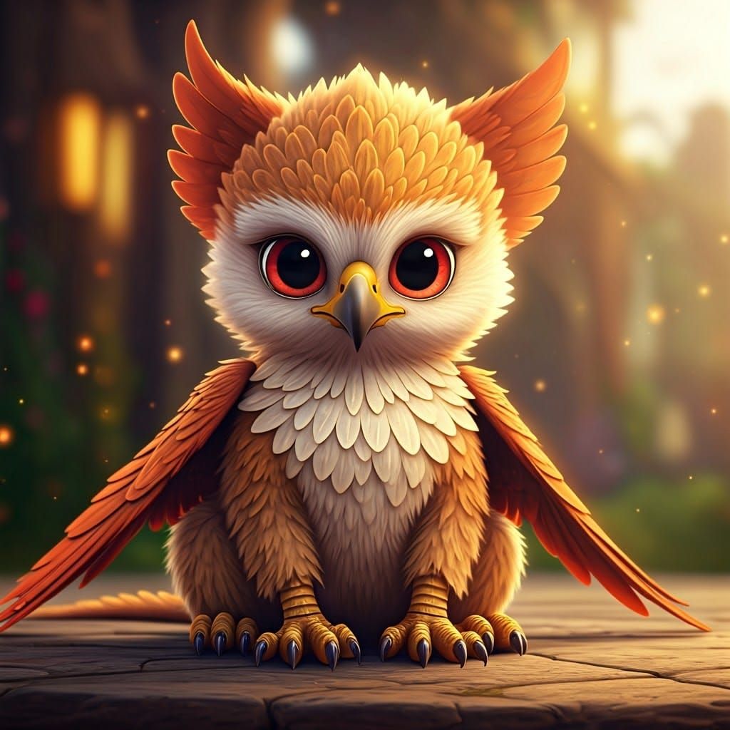 Gritty CGI Baby Griffin Grooms Wing in Fantastical Landscape