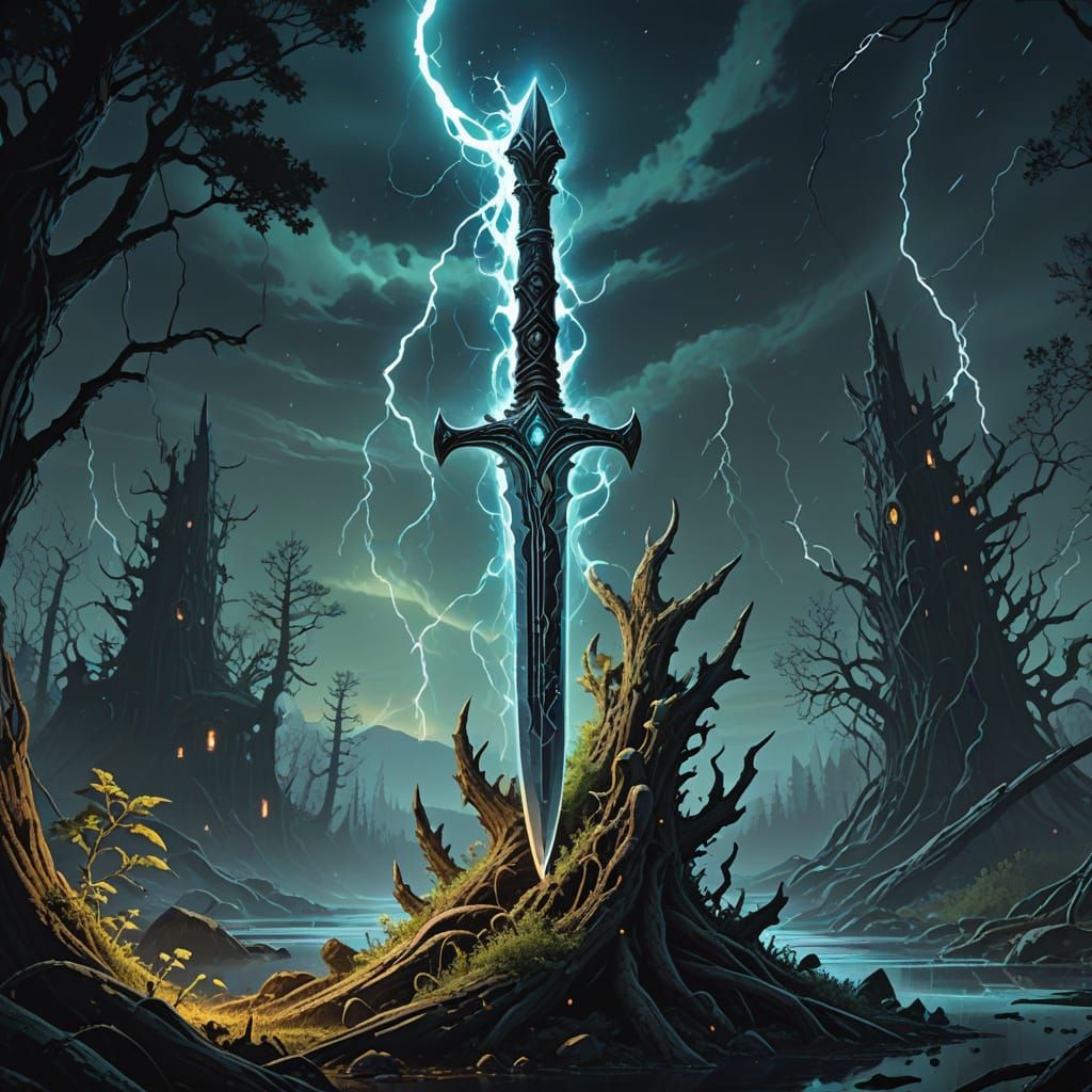 Epic Fantasy Sword of Elemental Power in Cosmic Void