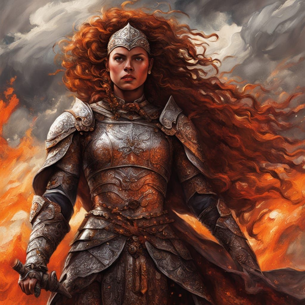 Warrior Woman on Fiery Battlefield, Comic Book Style