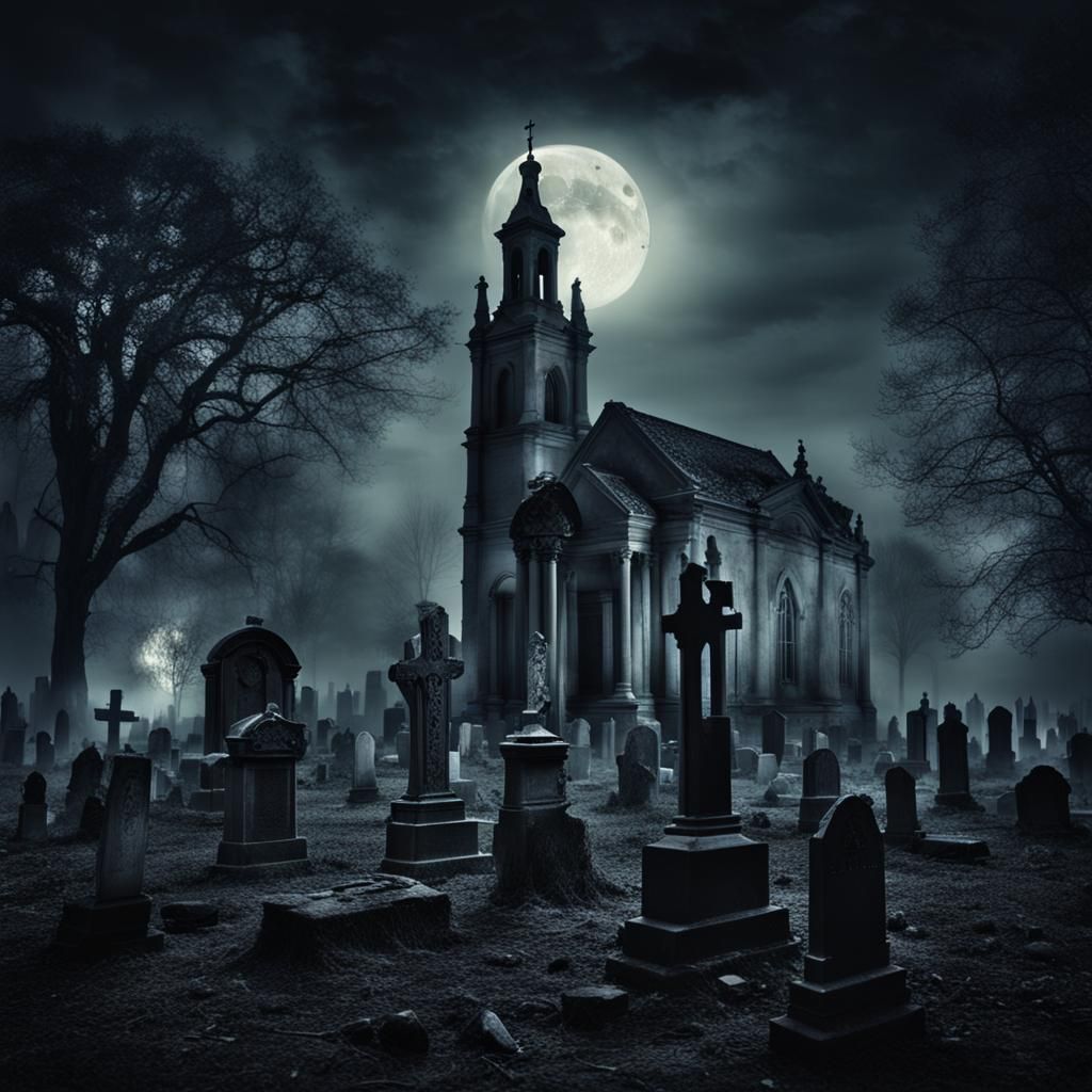 Ethereal Spirits Hover Above Old Cemetery at Dusk