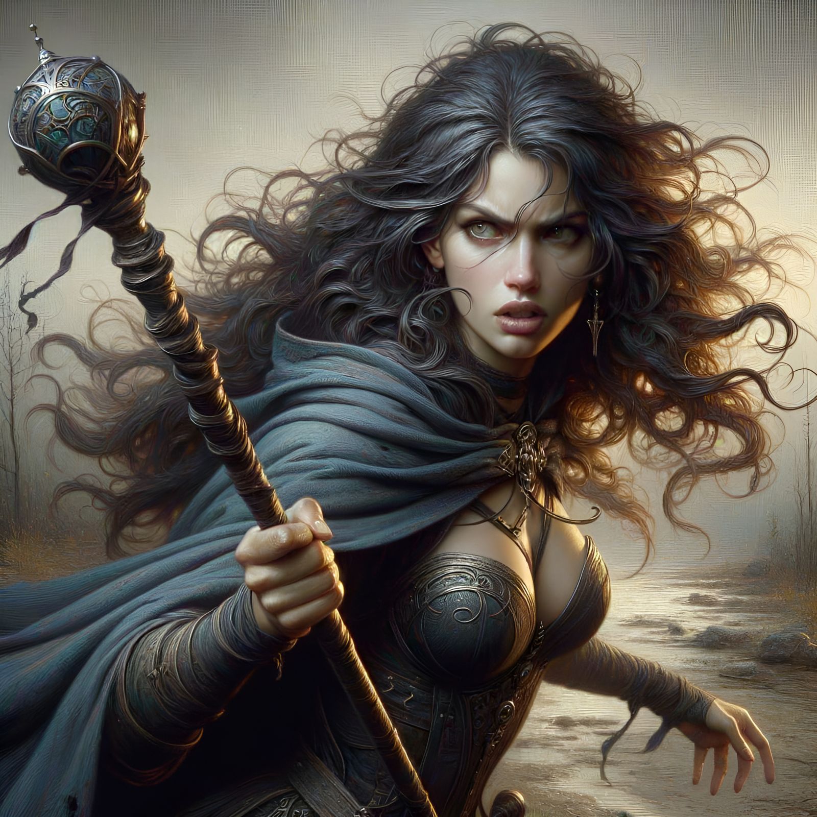 Fierce Sorceress Ready for Battle as Oil Painting