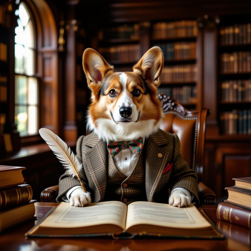 Corgi Gentleman in Library, Classic Portraiture Style