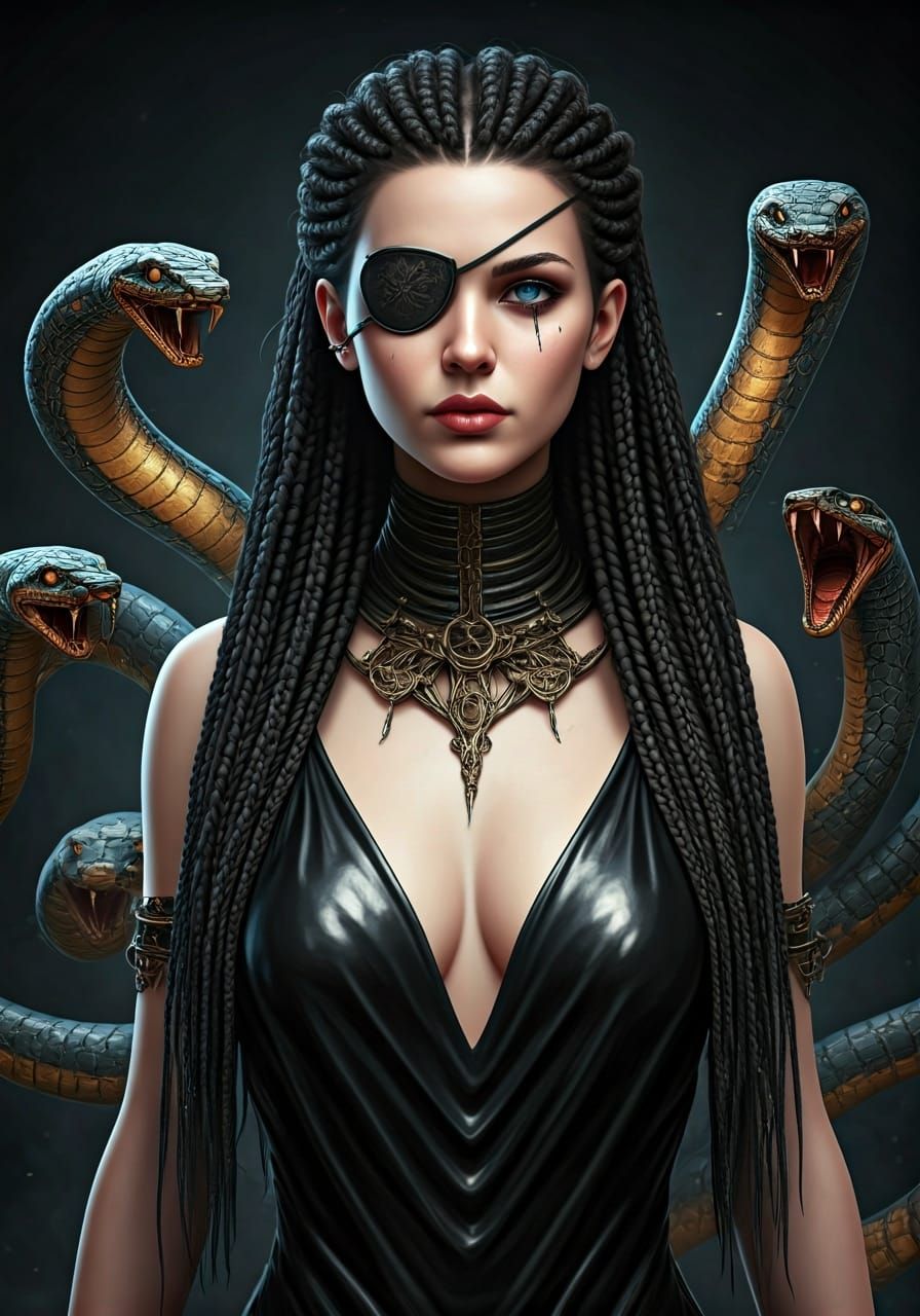 Pirate Woman Surrounded by Mechanical Snakes in 3D