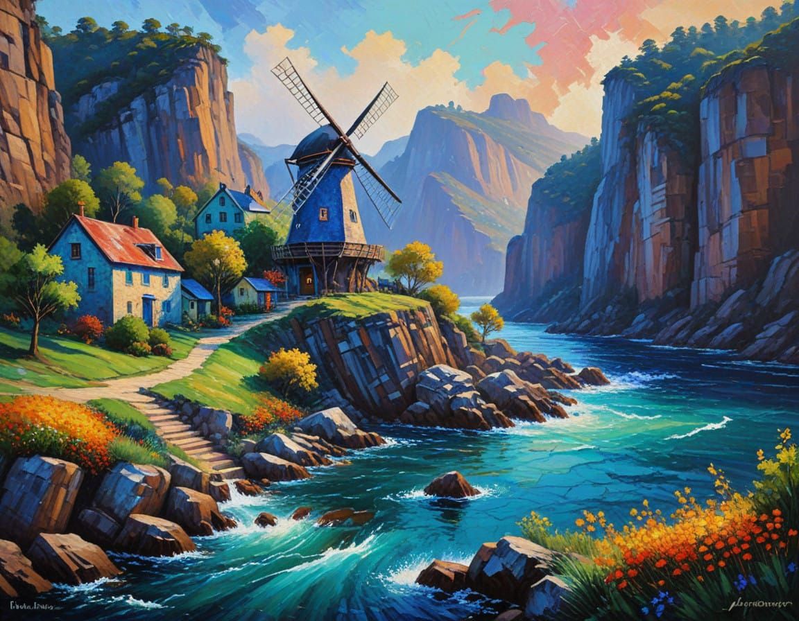 Whimsical Oil Painting of Windmill Village Amidst Towering C...