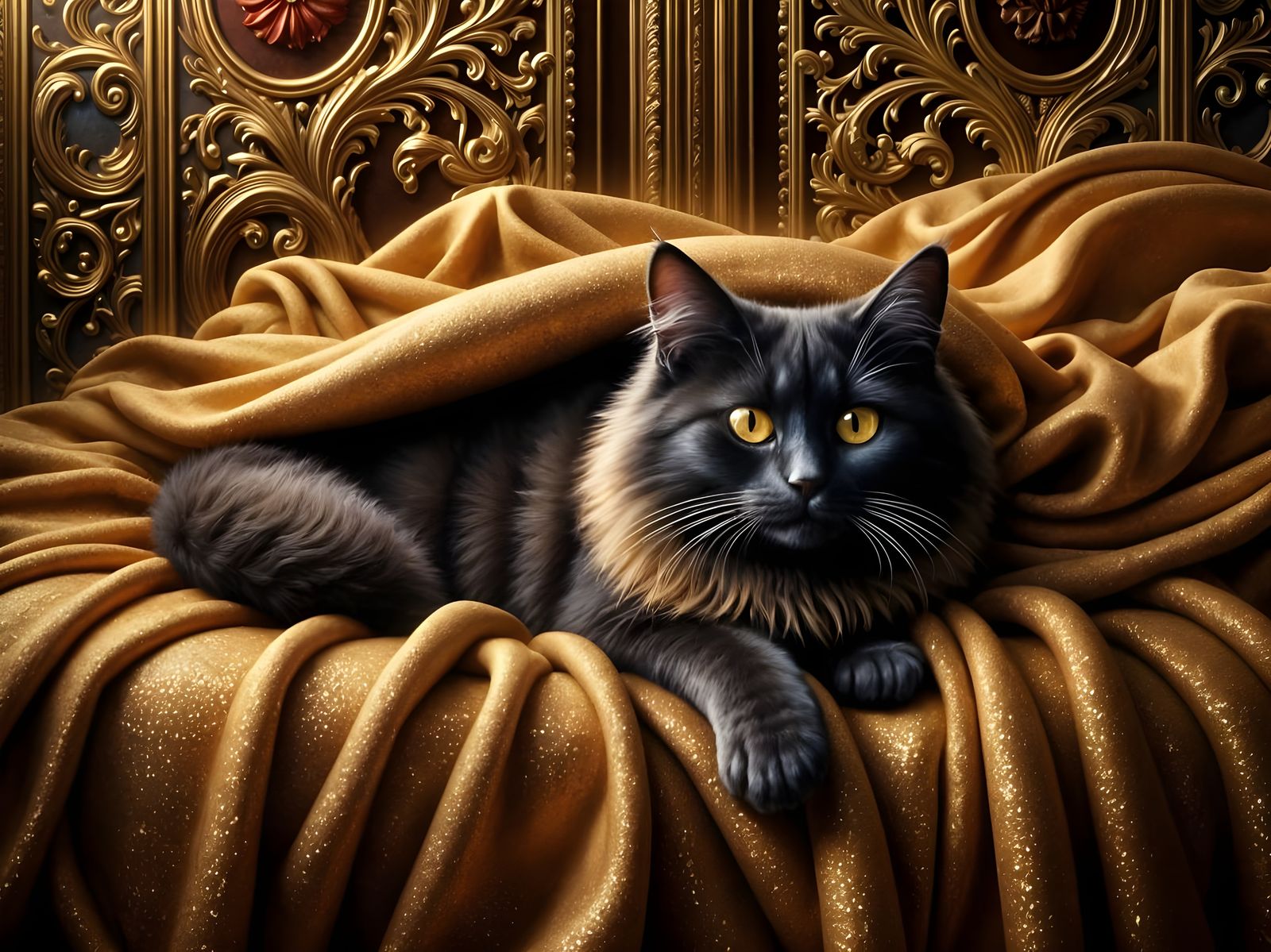 Golden Cat Resting on Velvet Couch in Opulent Room