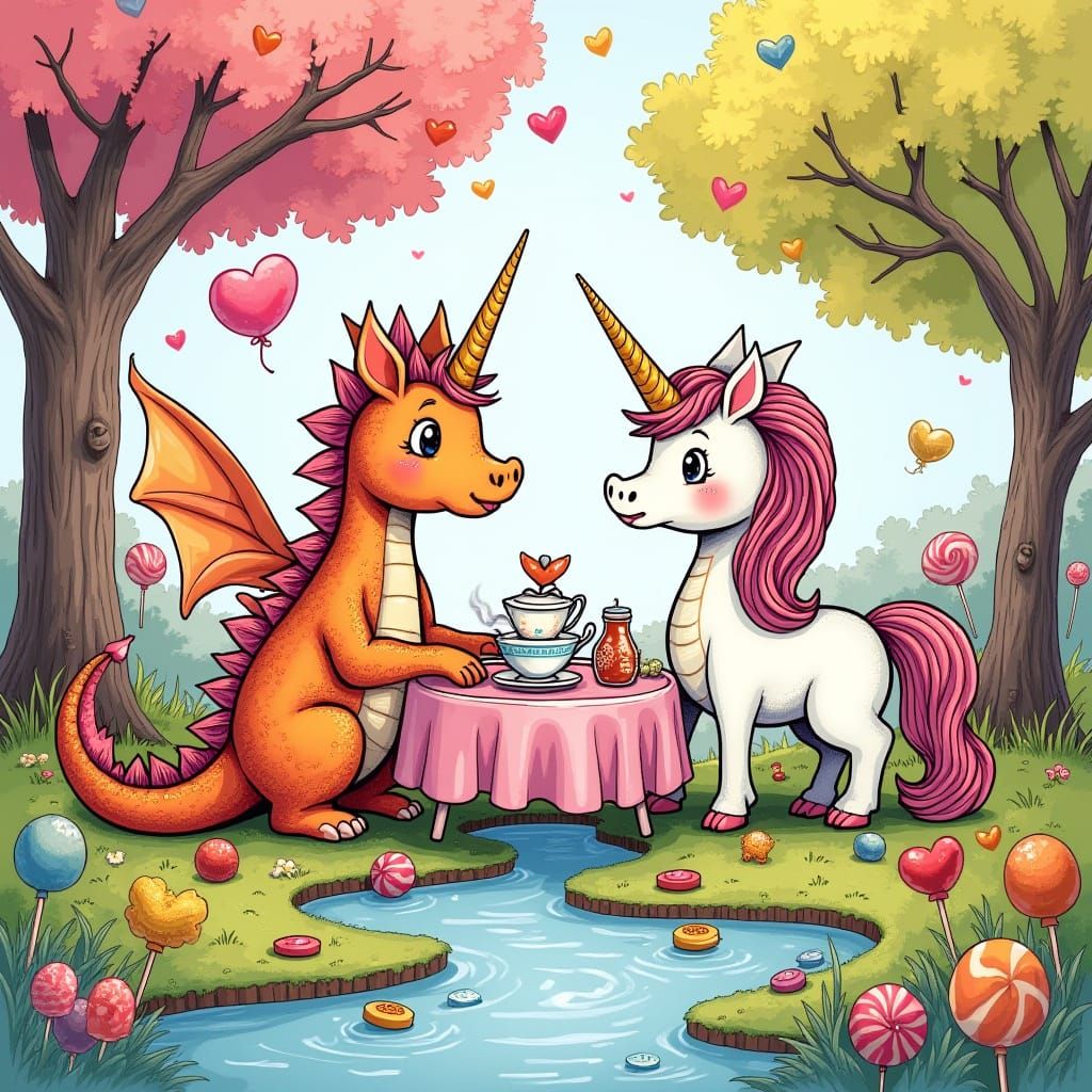 Dragon and Unicorn Tea Party Coloring Page