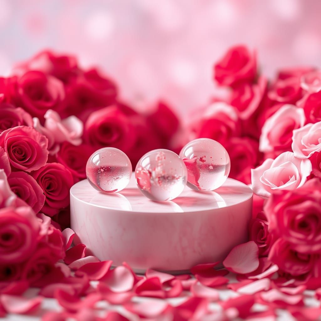Elegant Pink Marbles Amidst Romantic Rose Petals in Soft Day...