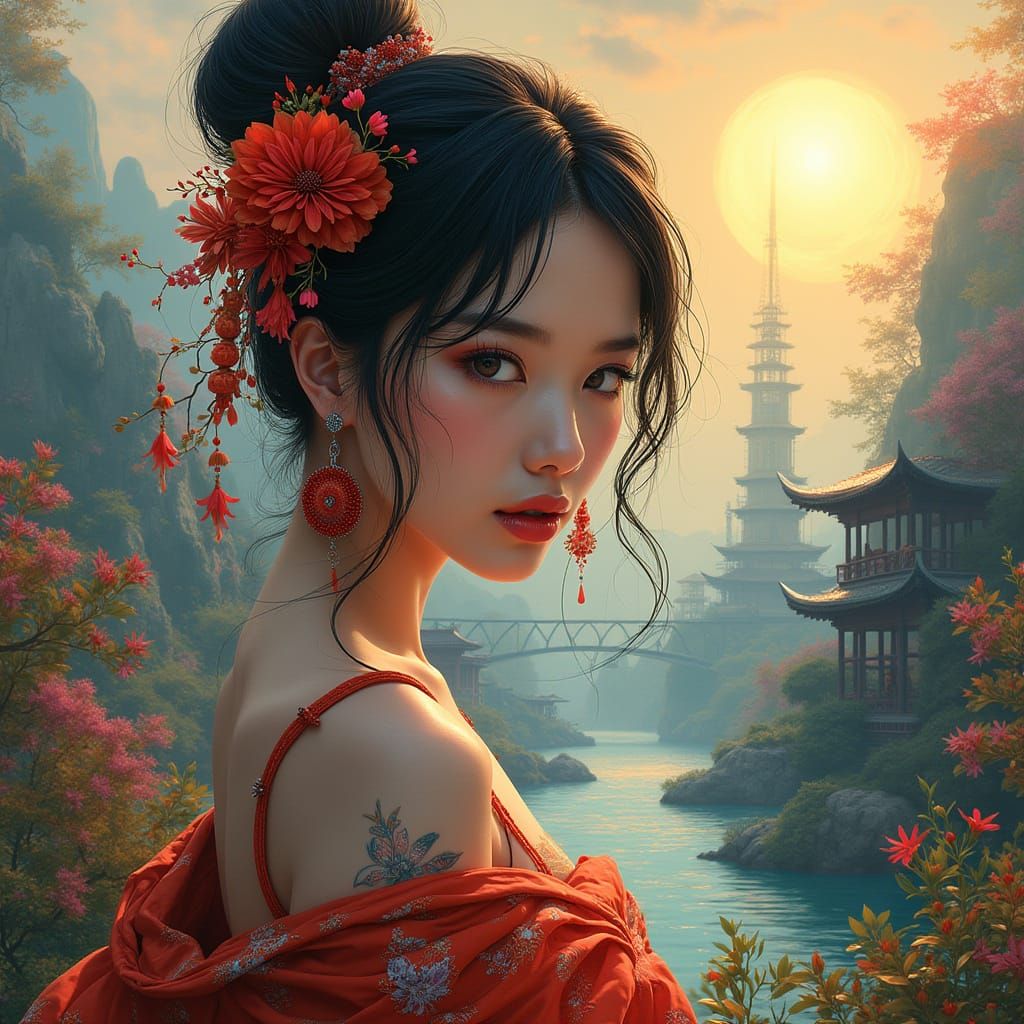 A GEISHA in a Vibrant Oasis Amidst Industrial Ruins