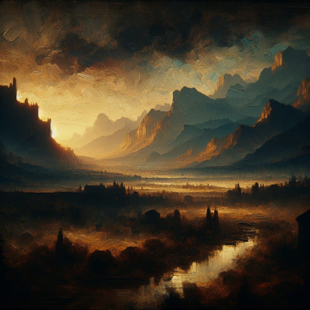 Mysterious Mountain Silhouettes in Dark Expressionist Style