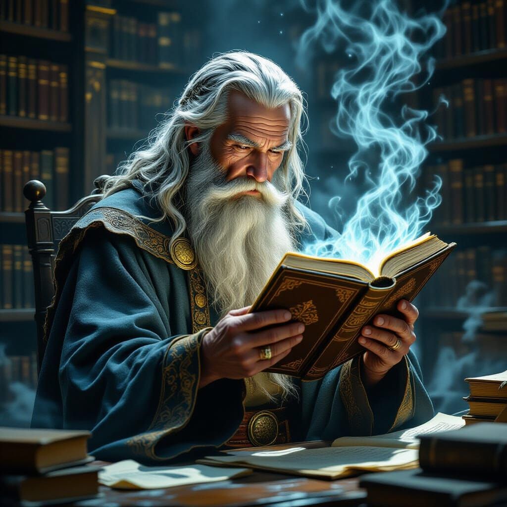 Mystical Wizard Reading Spellbook in Ancient Library