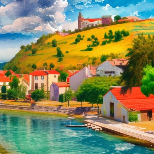 Picturesque Seaside Town in Impressionist Gouache Style