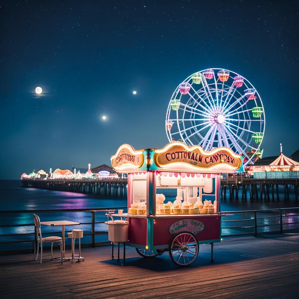 Carnival Cotton Candy Cart Under Starry Night Sky