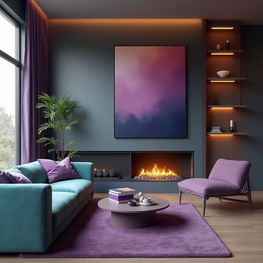 Teal and Purple Living Room in Dreamy Impressionism