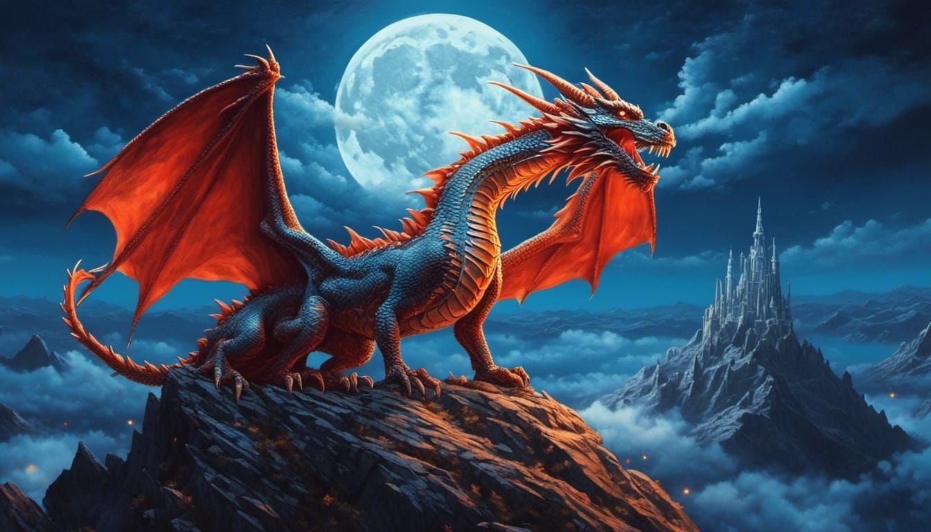 Fire Breathing Dragon Under Blue Moon