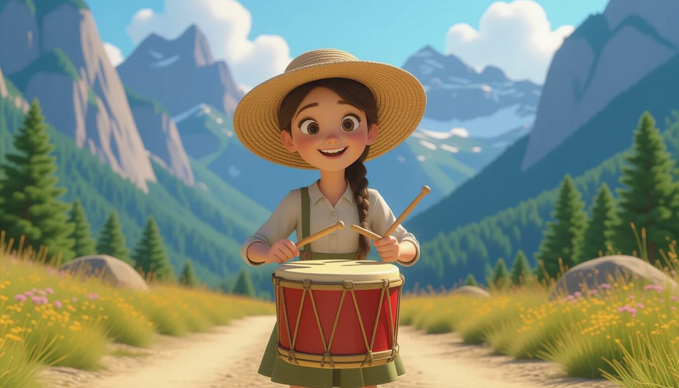 Animated Girl Plays Bucket Drum in Pixar Style
