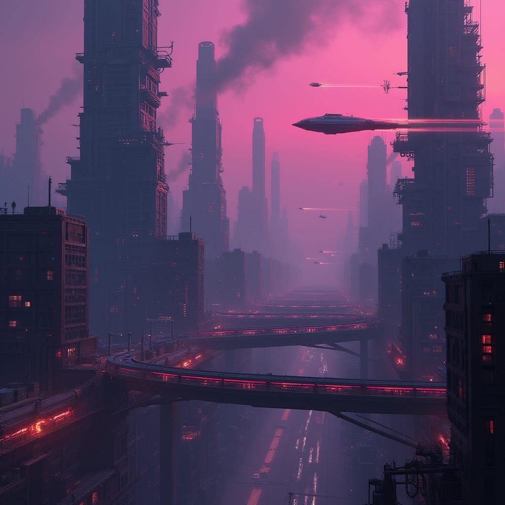 Dystopian Metropolis with Monorails in Cyberpunk Style