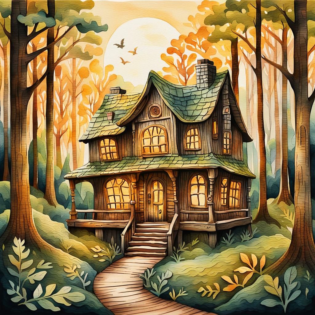 Hand Carved Wood House in Watercolor Style
