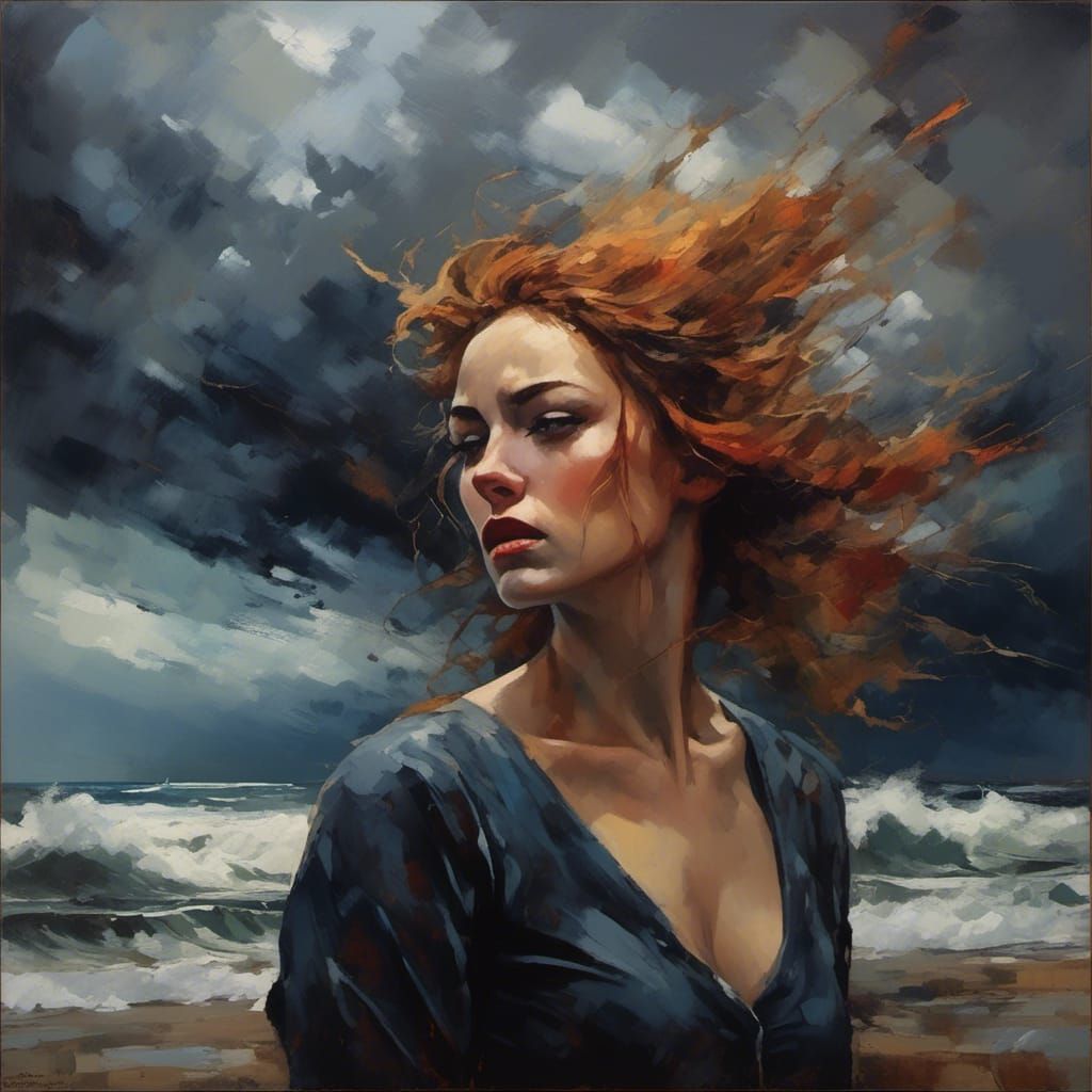 Woman in Stormy Landscape Illustration