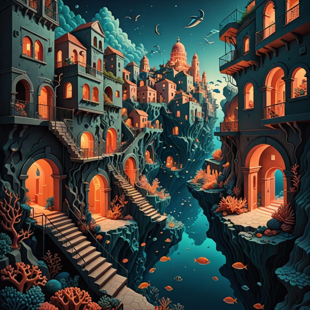 Surreal Escher-Inspired Underwater Cityscape at Dusk