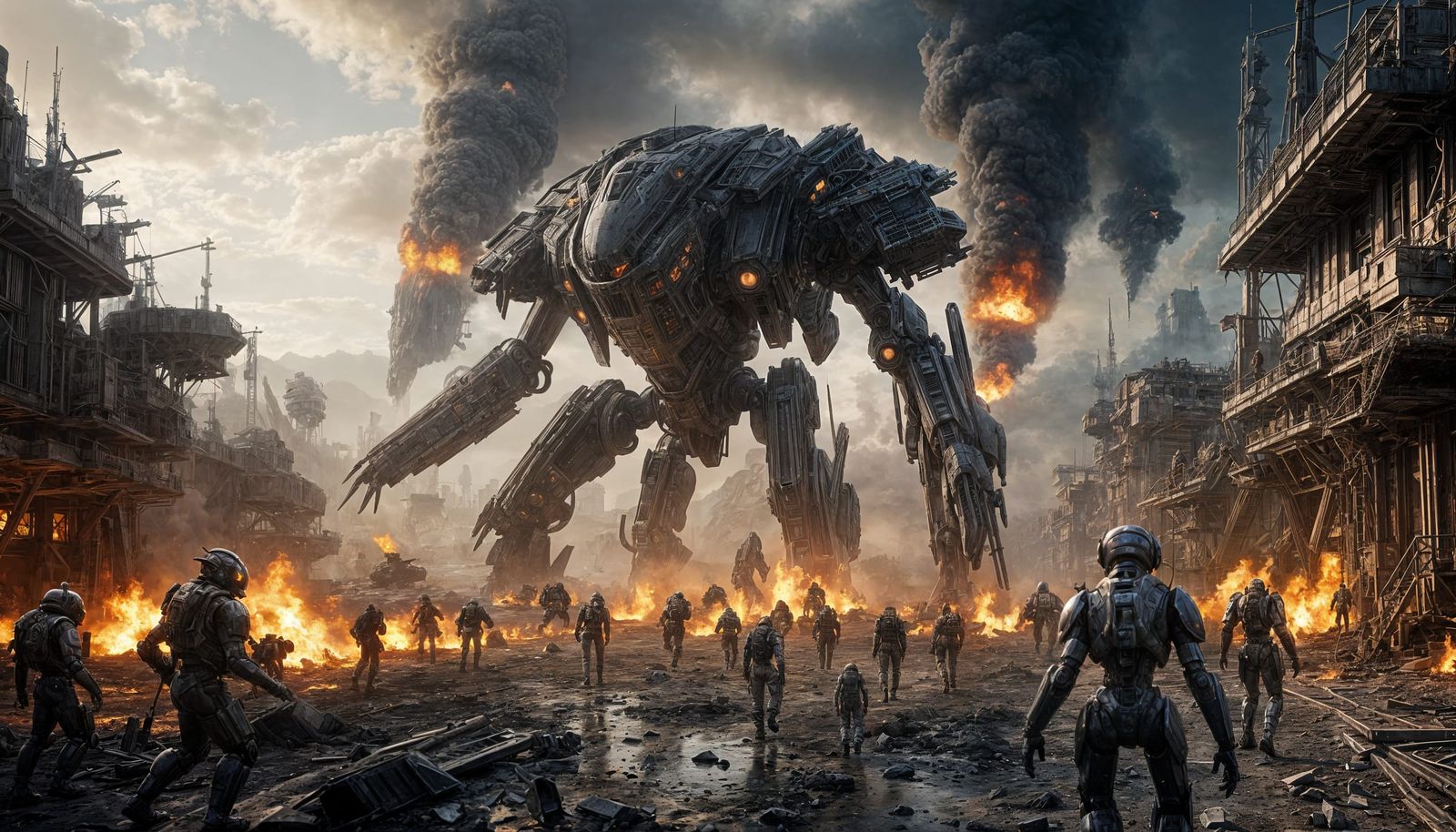 Battle Mech Emerges from Burning Alien Town