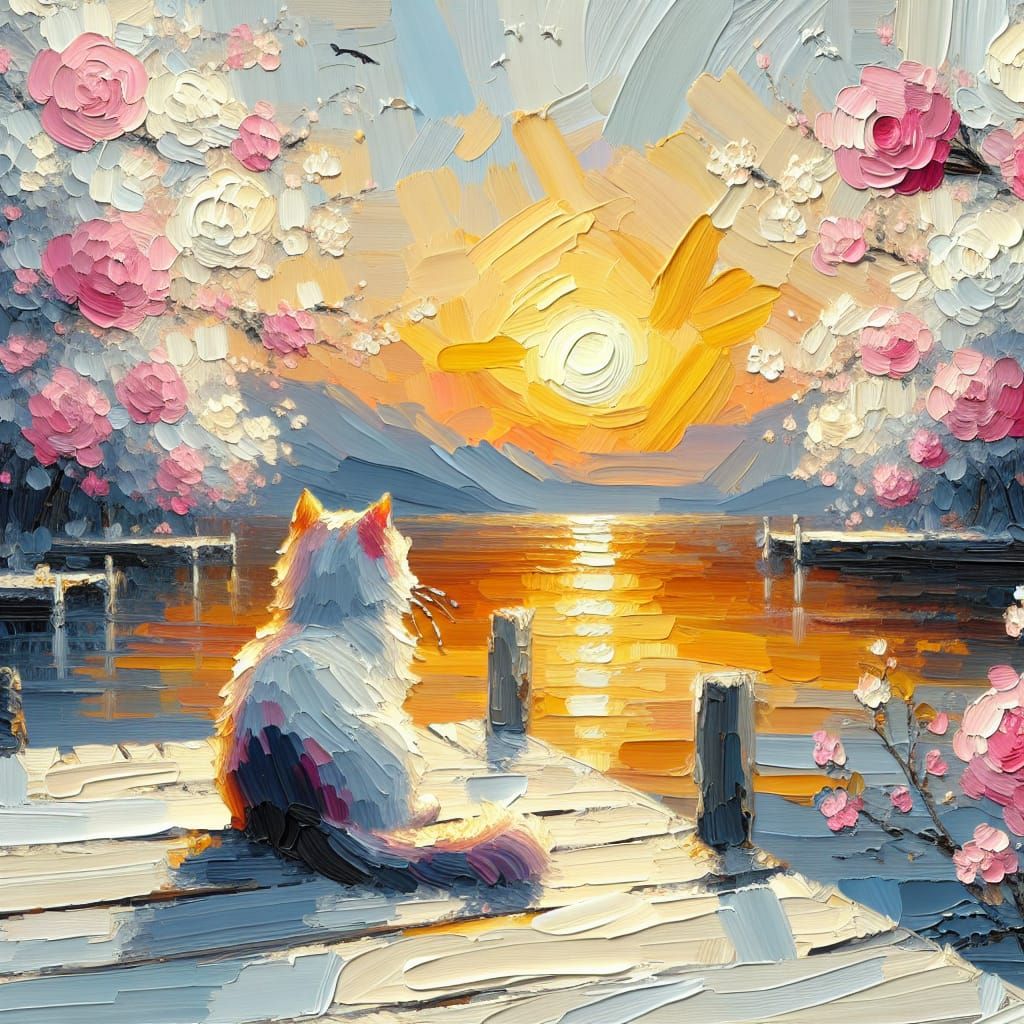 Whimsical Sunset Scene in Oil Painting Style