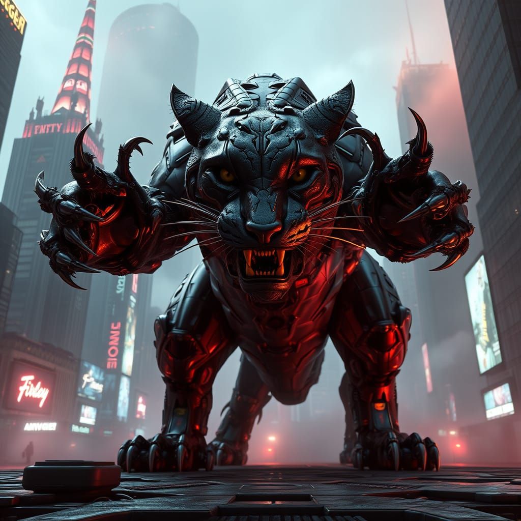 Enormous Cyberpunk Feline Hero in Neon City